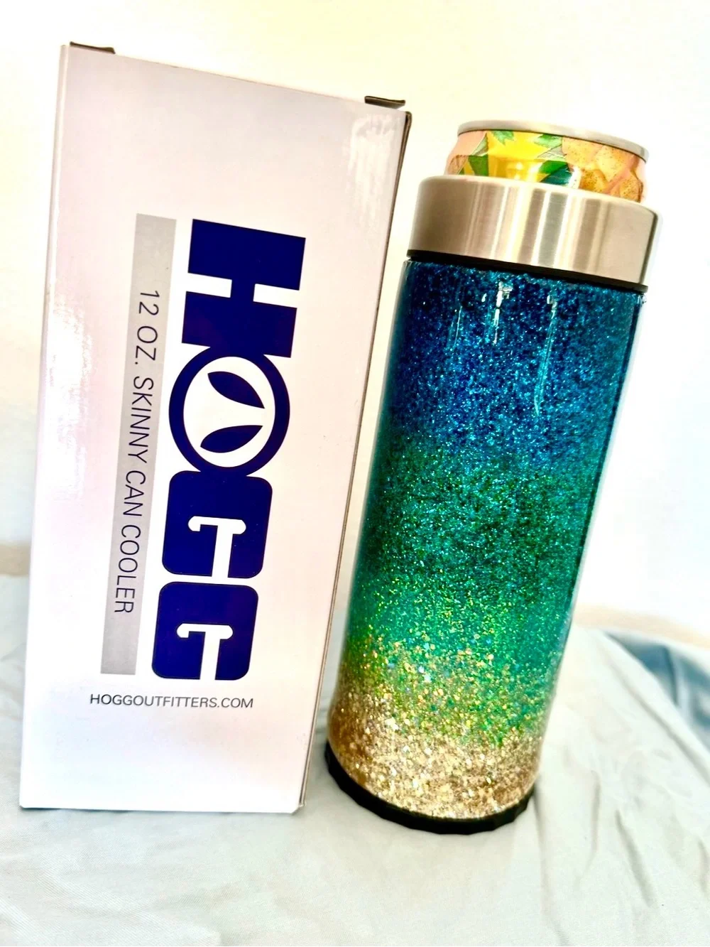 Glitter Ombre skinny can cooler stainless steel - Teal to Gold